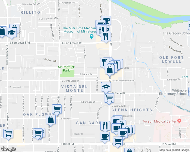 map of restaurants, bars, coffee shops, grocery stores, and more near 4566 East Patricia Street in Tucson