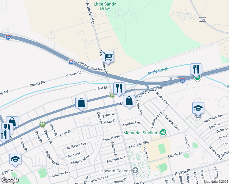 map of restaurants, bars, coffee shops, grocery stores, and more near 1701 East 3rd Street in Big Spring