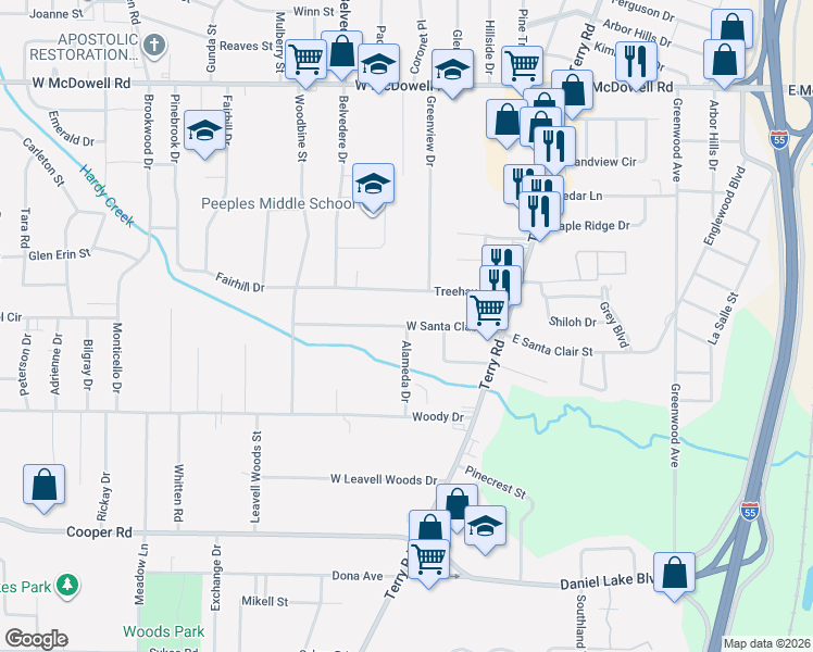 map of restaurants, bars, coffee shops, grocery stores, and more near 2009 Alameda Drive in Jackson