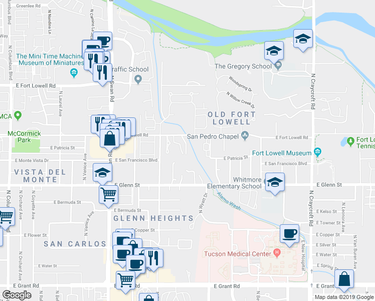 map of restaurants, bars, coffee shops, grocery stores, and more near 2936 North Old Fort Lowell Court in Tucson
