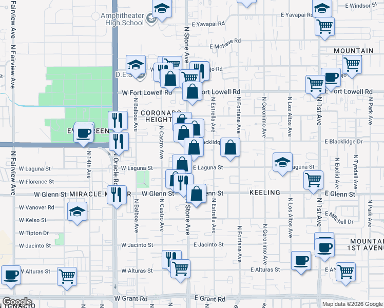 map of restaurants, bars, coffee shops, grocery stores, and more near 2930 North Stone Avenue in Tucson