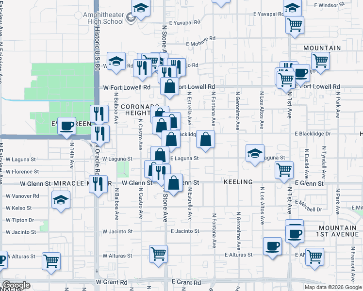 map of restaurants, bars, coffee shops, grocery stores, and more near 2931 North Estrella Avenue in Tucson