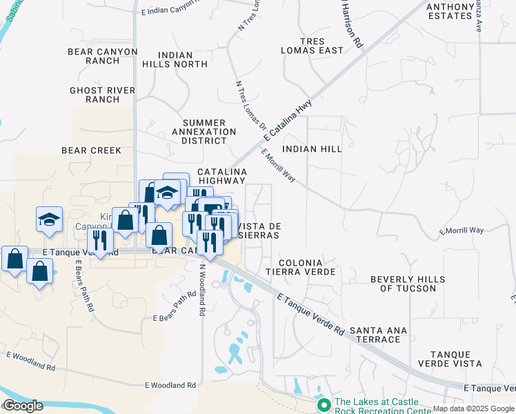 map of restaurants, bars, coffee shops, grocery stores, and more near 9350 East Morrill Way in Tucson