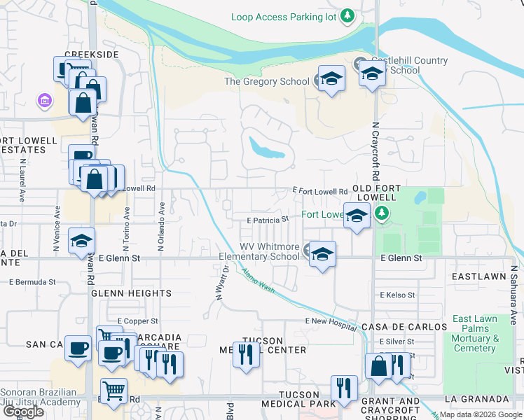 map of restaurants, bars, coffee shops, grocery stores, and more near 5180 East Fort Lowell Road in Tucson