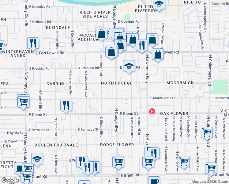 map of restaurants, bars, coffee shops, grocery stores, and more near 2933 North Dodge Boulevard in Tucson