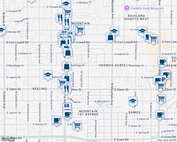 map of restaurants, bars, coffee shops, grocery stores, and more near 2938 North Park Avenue in Tucson
