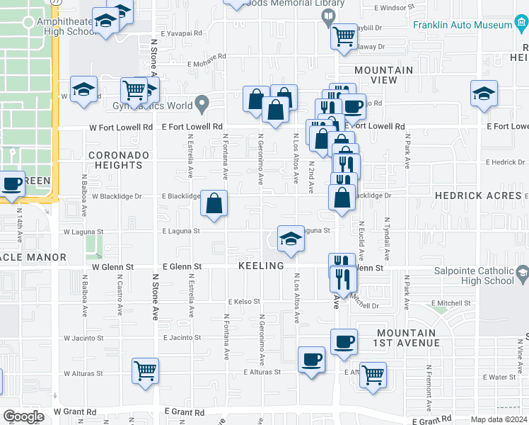 map of restaurants, bars, coffee shops, grocery stores, and more near 2932 North Geronimo Avenue in Tucson