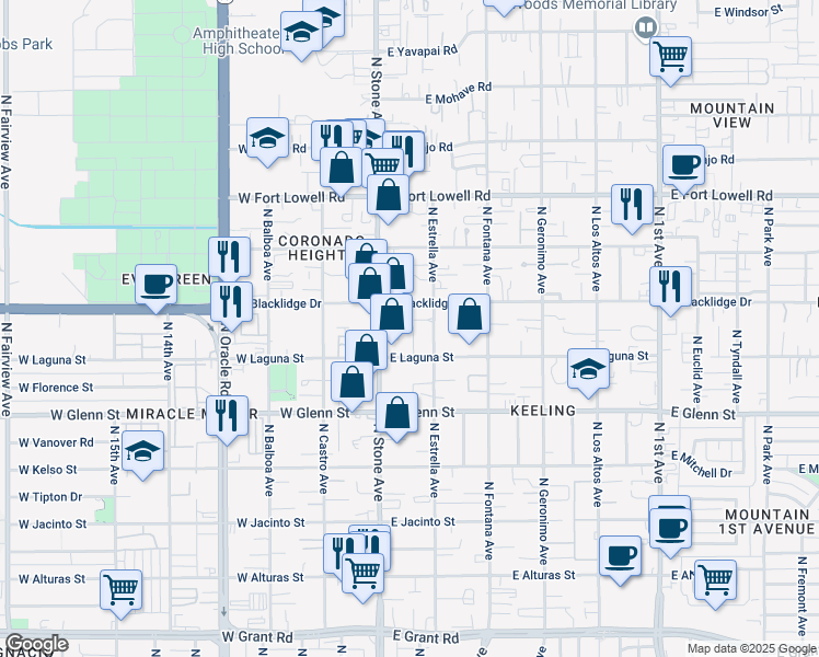 map of restaurants, bars, coffee shops, grocery stores, and more near 2930 North Stone Avenue in Tucson