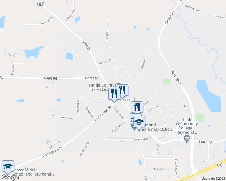 map of restaurants, bars, coffee shops, grocery stores, and more near W Main St & N Oak St in Raymond