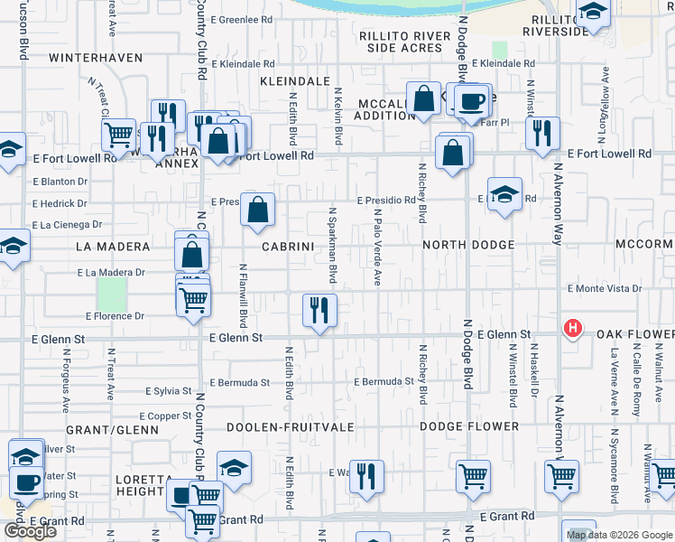 map of restaurants, bars, coffee shops, grocery stores, and more near 2932 North Sparkman Boulevard in Tucson