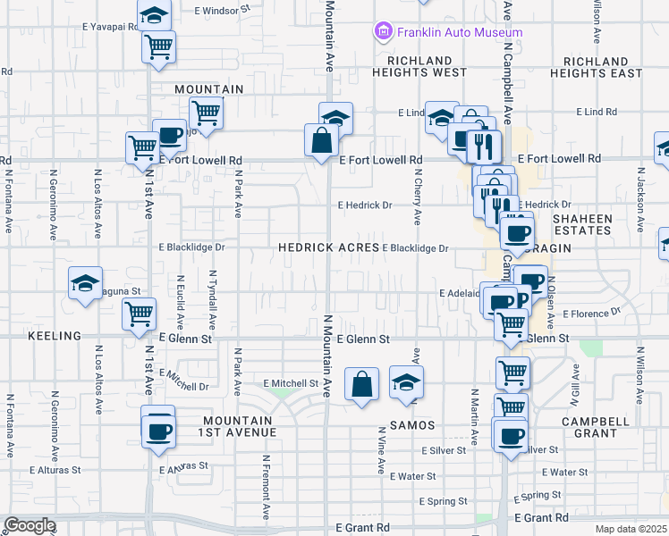 map of restaurants, bars, coffee shops, grocery stores, and more near 2938 North Mountain Avenue in Tucson