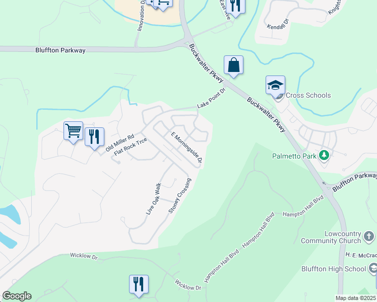 map of restaurants, bars, coffee shops, grocery stores, and more near 10 East Morningside Drive in Bluffton