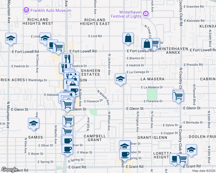 map of restaurants, bars, coffee shops, grocery stores, and more near 2952 North Jackson Avenue in Tucson