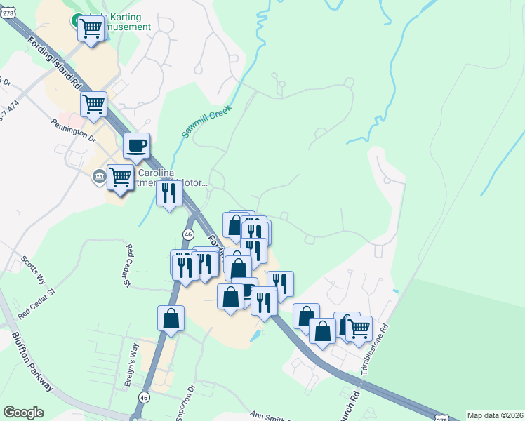 map of restaurants, bars, coffee shops, grocery stores, and more near 2 Carrington Point in Bluffton