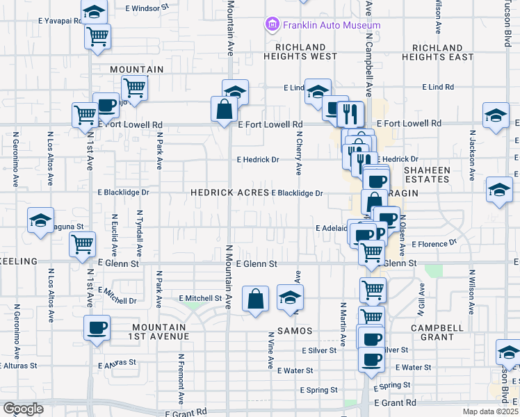 map of restaurants, bars, coffee shops, grocery stores, and more near 1416 East Blacklidge Drive in Tucson