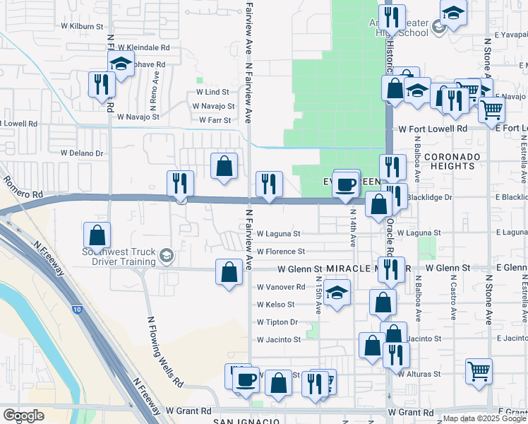 map of restaurants, bars, coffee shops, grocery stores, and more near 801 West Miracle Mile in Tucson