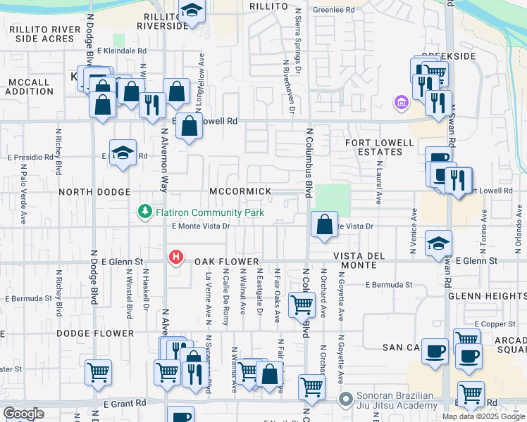 map of restaurants, bars, coffee shops, grocery stores, and more near 2928 North Cardell Circle in Tucson
