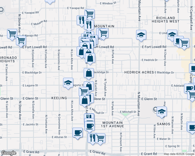 map of restaurants, bars, coffee shops, grocery stores, and more near 2946 North Euclid Avenue in Tucson
