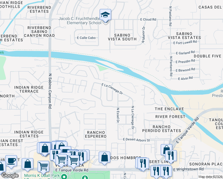 map of restaurants, bars, coffee shops, grocery stores, and more near 7500 East La Cienega Drive in Tucson