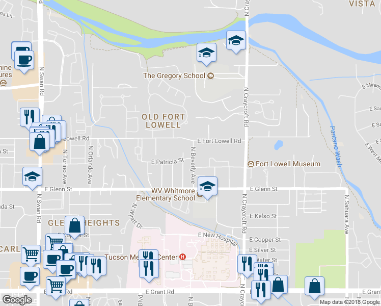 map of restaurants, bars, coffee shops, grocery stores, and more near 2911 North Beverly Avenue in Tucson