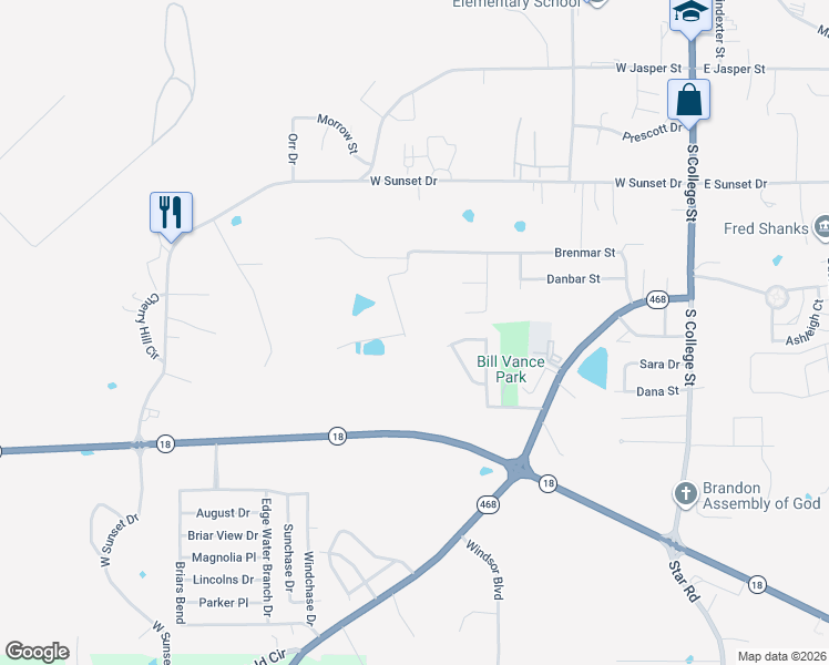 map of restaurants, bars, coffee shops, grocery stores, and more near 711 Brenmar Street in Brandon