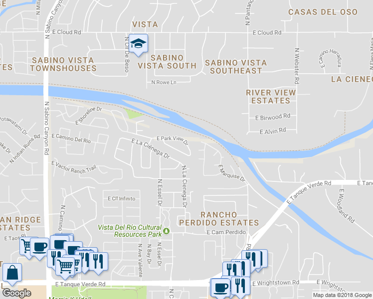 map of restaurants, bars, coffee shops, grocery stores, and more near 7680 East Park View Drive in Tucson