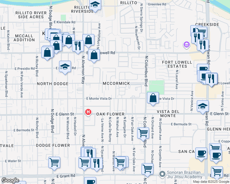 map of restaurants, bars, coffee shops, grocery stores, and more near 2901C North Walnut Avenue in Tucson