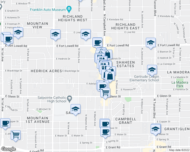 map of restaurants, bars, coffee shops, grocery stores, and more near 1810 East Blacklidge Drive in Tucson