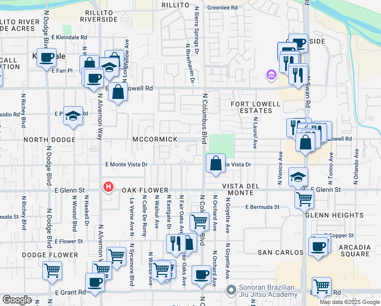 map of restaurants, bars, coffee shops, grocery stores, and more near 4213 East Monte Vista Drive in Tucson