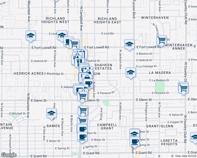 map of restaurants, bars, coffee shops, grocery stores, and more near 2001 East La Madera Drive in Tucson