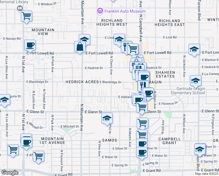map of restaurants, bars, coffee shops, grocery stores, and more near 1548 East Blacklidge Drive in Tucson