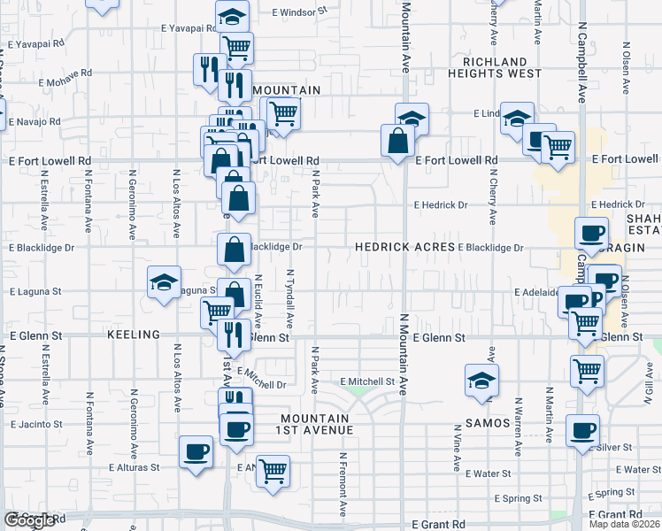 map of restaurants, bars, coffee shops, grocery stores, and more near 2938 North Park Avenue in Tucson