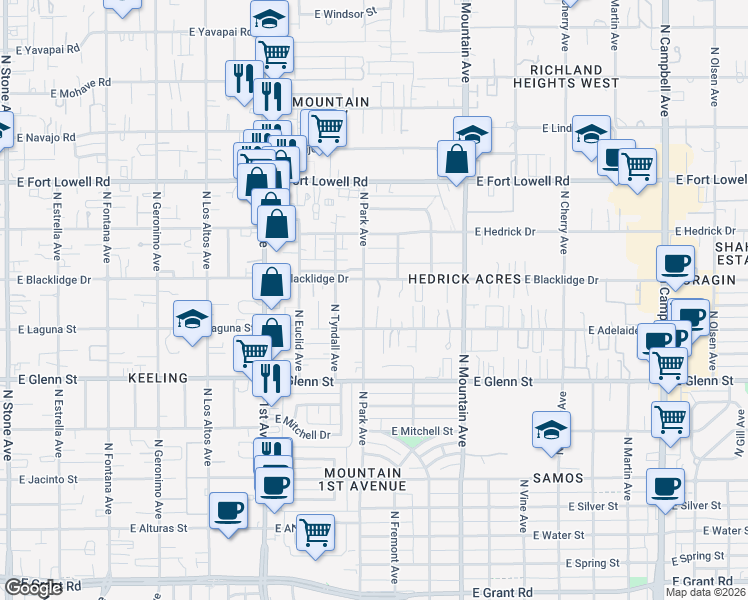 map of restaurants, bars, coffee shops, grocery stores, and more near 2938 North Park Avenue in Tucson
