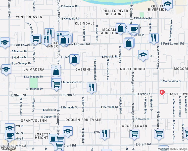 map of restaurants, bars, coffee shops, grocery stores, and more near 2943 North Sparkman Boulevard in Tucson
