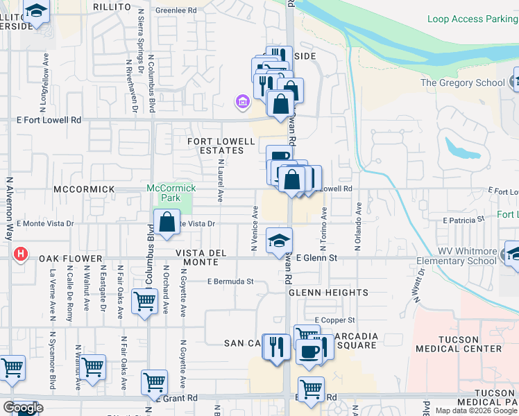 map of restaurants, bars, coffee shops, grocery stores, and more near 2924 North Venice Avenue in Tucson