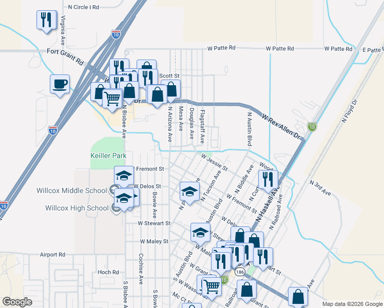 map of restaurants, bars, coffee shops, grocery stores, and more near 560 Douglas Avenue in Willcox