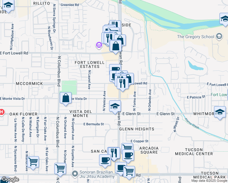 map of restaurants, bars, coffee shops, grocery stores, and more near 2951 North Swan Road in Tucson