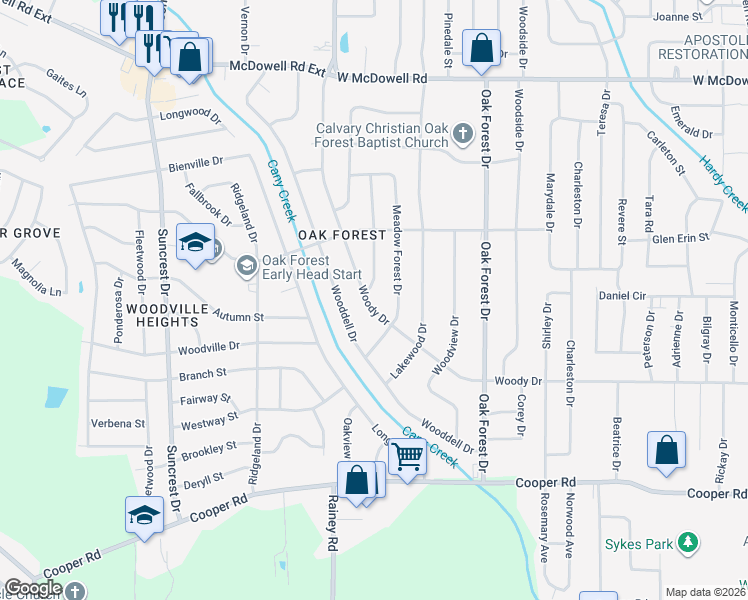 map of restaurants, bars, coffee shops, grocery stores, and more near 1340 Woody Drive in Jackson
