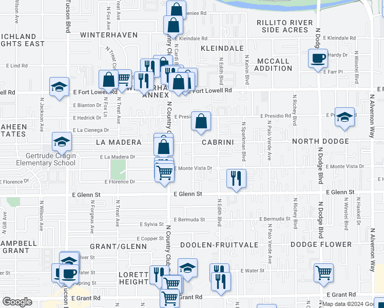 map of restaurants, bars, coffee shops, grocery stores, and more near 2945 North Flanwill Boulevard in Tucson