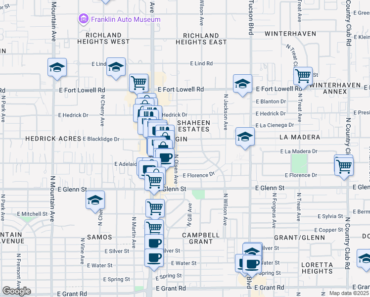 map of restaurants, bars, coffee shops, grocery stores, and more near 2001 East La Madera Drive in Tucson
