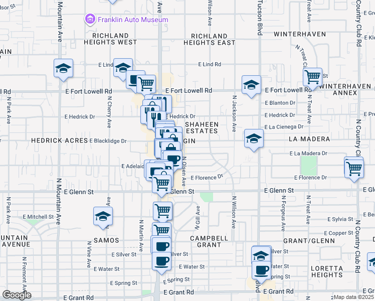 map of restaurants, bars, coffee shops, grocery stores, and more near 2001 East La Madera Drive in Tucson
