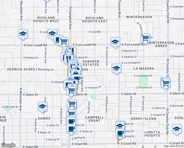 map of restaurants, bars, coffee shops, grocery stores, and more near 2121 East La Madera Drive in Tucson