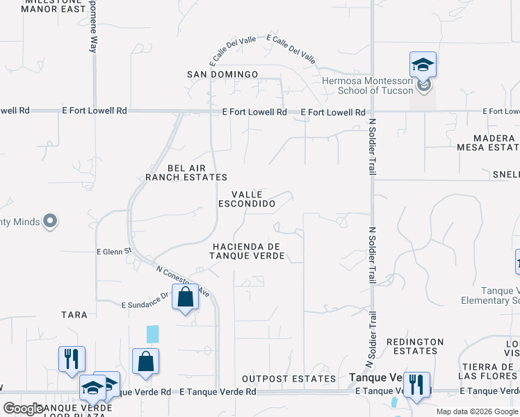 map of restaurants, bars, coffee shops, grocery stores, and more near 11570 East Quiet Valley Place in Tucson