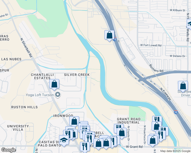 map of restaurants, bars, coffee shops, grocery stores, and more near 2052 West Silver Honey Place in Tucson