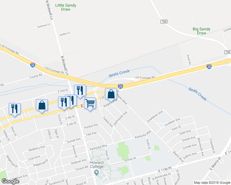 map of restaurants, bars, coffee shops, grocery stores, and more near 611 Baylor Boulevard in Big Spring