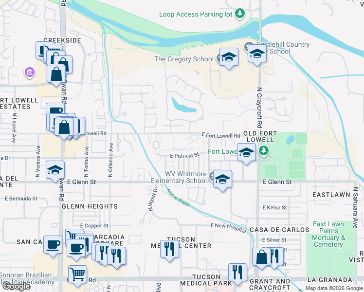 map of restaurants, bars, coffee shops, grocery stores, and more near 5180 East Fort Lowell Road in Tucson