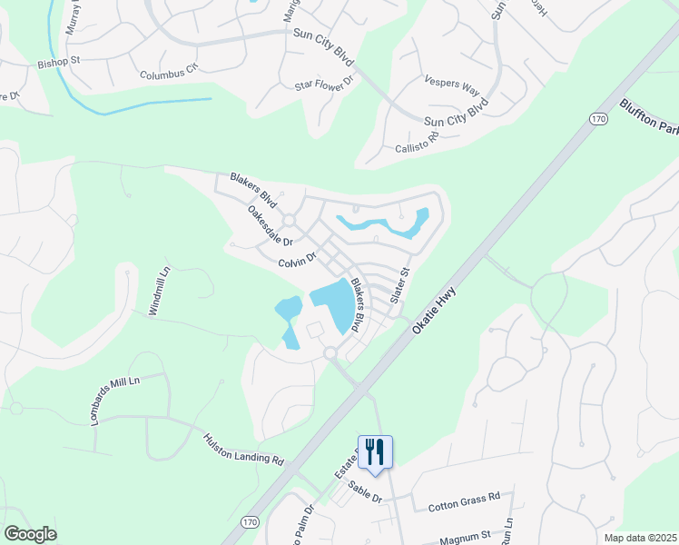 map of restaurants, bars, coffee shops, grocery stores, and more near 2151 Blakers Boulevard in Bluffton