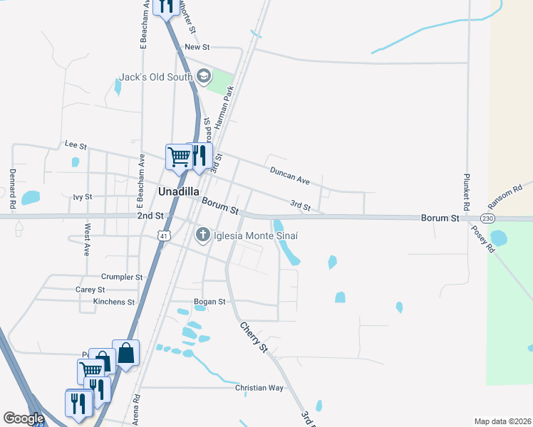 map of restaurants, bars, coffee shops, grocery stores, and more near 1024 Borum Street in Unadilla