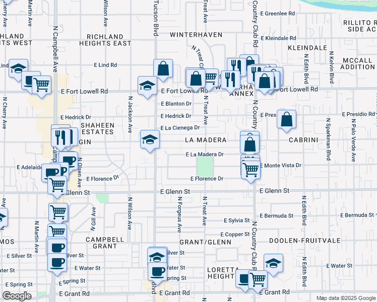 map of restaurants, bars, coffee shops, grocery stores, and more near 2617 E La Madera Dr in Tucson