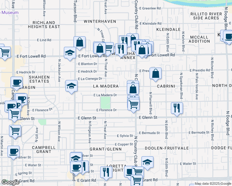 map of restaurants, bars, coffee shops, grocery stores, and more near 2841 East La Madera Drive in Tucson